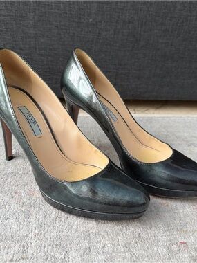 Prada Metallic Teal Patent Leather High Heel Pumps